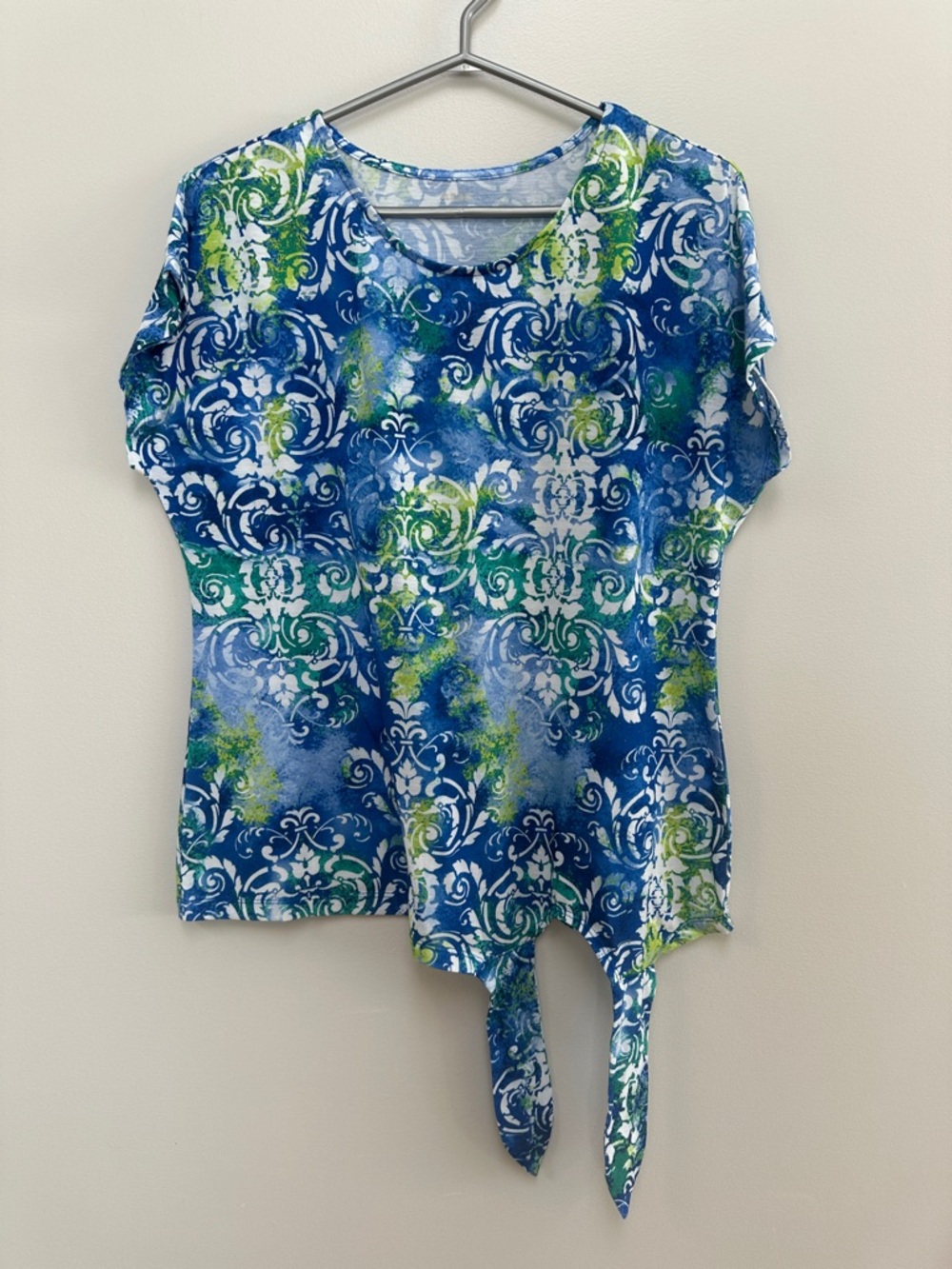 Alia Blue & Green Patterned Tie-Front Short Sleeve Top Size M